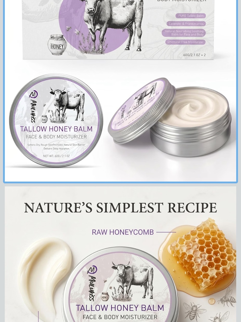 Tallow Honey Balm Face & Body Moisturizer - Lavender (Cream)